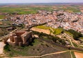 View from drone of ancient Belmonte castle on background of townscape
