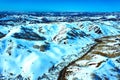 view from drone on car traveling along a winter mountain road serpentine, northern Kazakhstan, Asia. Royalty Free Stock Photo