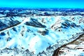 view from drone on car traveling along a winter mountain road serpentine, northern Kazakhstan, Asia. Royalty Free Stock Photo