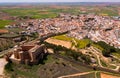 View from drone of ancient Belmonte castle on background of townscape