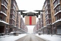 view Drone delivers order or gift in cardboard box, snowy city