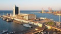 View from a drone flying over Hotel Odessa and Odesa port. Royalty Free Stock Photo