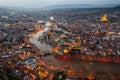 View from drone of Georgian city of Tbilisi at dusk