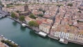 View from drone of houses of Agde, one of oldest towns in France