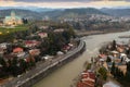 View from drone of Kutaisi with Cathedral of Dormition on spring twilight