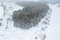 View from the drone on snow-covered fir trees, the car in the forest field. Beautiful winter snow landscape Royalty Free Stock Photo