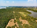 View from the drone to the forest, glade, river and the village Royalty Free Stock Photo