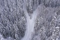 View from the drone to the snowy forest and the road. Finland. Scandinavian nature.