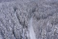 View from the drone to the snowy forest and the road. Finland. Scandinavian nature.