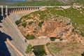 View of the dry spillway of a concrete dam during a long drought