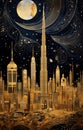 A view of the Dubai with the Burj Khalifa in style of Gustav Klimt