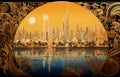 A view of the Dubai with the Burj Khalifa in style of Gustav Klimt