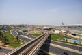 View of a Dubai international Airport, terminal 3. Terminal 3 metro station. Airport road. UAE