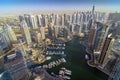 View on Dubai Marina skyscrapers and the most luxury superyacht marina. Dubai, United Arab Emirates