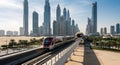Dubai Metro train on an elevated track with the modern city skyline in the background Royalty Free Stock Photo