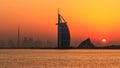 View of the Dubai Skyline from the Palm Jumeirah during Sunrise Royalty Free Stock Photo