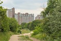 View from the dunes on apartment buildings of Scheveningen on a cloudy day