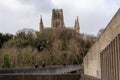 A view of Durham Cathedral from beside the Kingsgate Footbridge in the city of Durham, UK