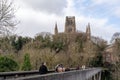 A view of Durham Cathedral from beside the Kingsgate Footbridge in the city of Durham, UK