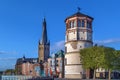 Old Castle Tower and st Lambertus church, Dusseldorf Royalty Free Stock Photo