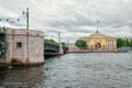 A view of Dvortsovy bridge and the Admiralty building from a riverboat passing down the Neva river.