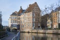 View on Dyle river, pedestrian walkway Dijlepad and hoogbrug and in Mechelen, Belgium