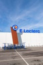 View of E.Leclerc supermarket logo and parking.