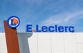 View of E.Leclerc supermarket logo and parking.