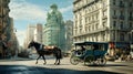 view of an early 20th century city with horse carriages on road generative AI