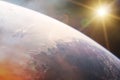 View of Earth planet in outer space with sunlight. Elements of this image furnished by NASA Royalty Free Stock Photo