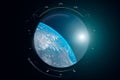 A view of the Earth from through the porthole of a spaceship. International space station is orbiting the Earth. 3D Royalty Free Stock Photo