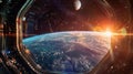 A view of Earth from a spacecraft window. The planet is partially illuminated by sunlight, with a distant celestial body Royalty Free Stock Photo