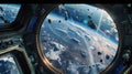 A view of Earth from a spacecraft window. The scene includes asteroids and a blue atmosphere. Space exploration and technology Royalty Free Stock Photo