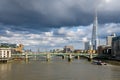 View east along River Thames in London of Southwark Bridge and The Shard