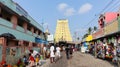 View of East Gopuram of Rameswaram Temple dedicated to Lord Shiva. Devotees going to Temple