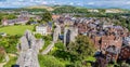 A view east over the castle grounds and High Street from the ramparts of the castle keep in Lewes, Sussex