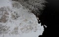 View of the edge of a muddy lake in Blizzard. shot of a winter landscape from a height. snowy tree with rich branching. dark calm Royalty Free Stock Photo