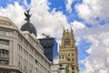 View of Edificio Telefonica and other buildings on Gran Via shopping street in the center of the city Madrid, Spain Royalty Free Stock Photo