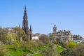 View of Edinburgh city center with Scott Monument, a Victorian Gothic monument to Scottish Sir Walter Scott, and Princes Street