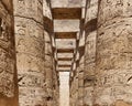 View of Egyptian mythological carvings on the columns of Karnak temple