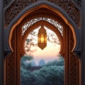 view Eid al Fitr background Islamic lantern, mosque, festive window concept