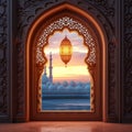 view Eid al Fitr background Islamic lantern, mosque, festive window concept