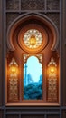 view Eid al Fitr background Islamic lantern, mosque, festive window concept