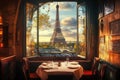 View of the Eiffel Tower From a Cozy Restaurant Window in Paris During Sunset With Tables Set for Dining Royalty Free Stock Photo