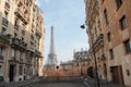 View of the Eiffel tower from the streets of Paris