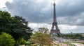 View of Eiffel Tower from Trocadero Park on an overcast spring day