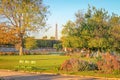 View of Eiffel tower from Tuileries gardens at sunset Paris, France