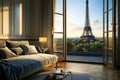 view of the eiffel tower through the window of a rental apartment for the olympic games, AI generated