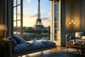 view of the eiffel tower through the window of a rental apartment for the olympic games, AI generated