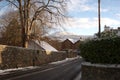 view of Eildon hills from main street in Darnick in winter